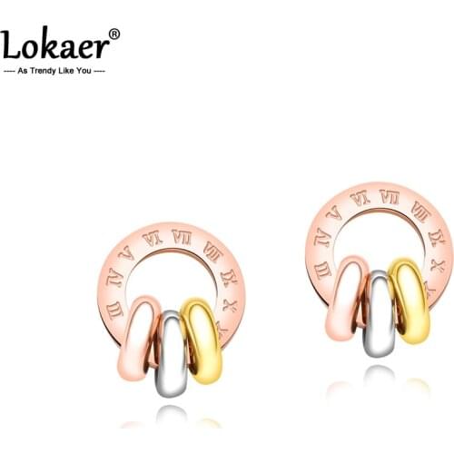 Lokaer Three-color Circle Roman Numerals Circle Earrings For Women Titanium Steel Rose Gold Color Female Stud Earrings E17091