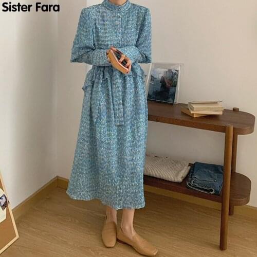Sister Fara New Spring 2021 Elegant Ruffles Dress Women Floral Print Single Breasted Lace Up Dresses Female Long Loose Dress