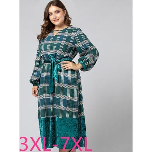 Spring autumn plus size long dress for women large long sleeve loose casual plaid V neck dresses belt green 3XL 4XL 5XL 6XL 7XL