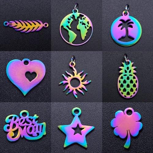 5pcs/lot fabulous rainbow color heart diy stainless steel charm wholesale sun palm tree necklace pendant jewelry star charms