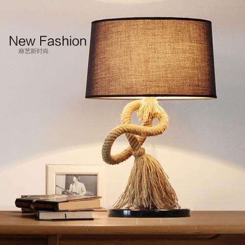 American countryside hemp rope desk lamp. Retro table lamp bedroom bedside lights, Vintage Bar Cafe studyroom iron lamp