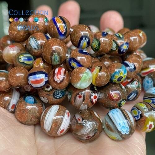 Natural Lampwork Gold Sand Stone Loose Round Beads for Jewelry Making 6-12mm Spacer Loose Diy Women Bracelets Accessories 15"