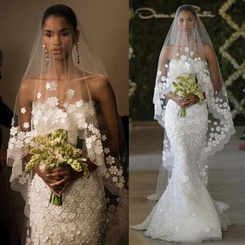 Designer Long Chapel Train Wedding Blush Veils Tulle Sheer Lace Edge One Layer White Ivory Appliques Bridal Veils