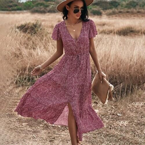 Jastie Retro Leopard Print Dress 2021 Spring and Summer Short Sleeved V-Neck Midi Dresses Bohemian Vacation Beach Dress