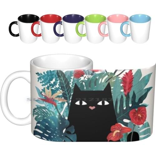 Popoki Ceramic Mugs Coffee Cups Milk Tea Mug Cat Black Cat Hawaii Aloha Tropic Paradise Flowers Floral Summer Spring Warm