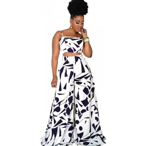 Summer African Clothes Women 2 Piece Set Camis Tank Sleeveless Crop Tops Outfits Fashion Print Sexy African Wide Leg Pant Suits