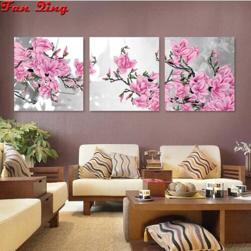 3 pieces DIY Diamond Embroidery Pink flowers Full Square/Round Diamond Rhinestone 5D Diamond Painting