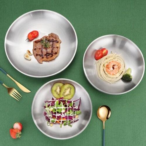Set of 3 304 Stainless Steel Double-layer Anti Hot Dinner Plate Round Dessert Feeding Serving Dishware Camping Salad Tableware