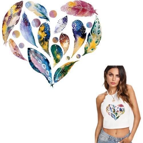 Lovely Heart Feather Patches For Clothing Diy Colorful Iron On Stickers Heat Transfer Female T-shirt Washable Appliqued Y-162
