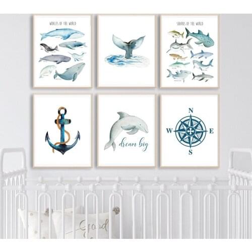 Sharks Whales Species Posters and Prints Marine Ocean Dolphin Anchor Watercolor Canvas Painting Wall Pictures Kids Room Decor