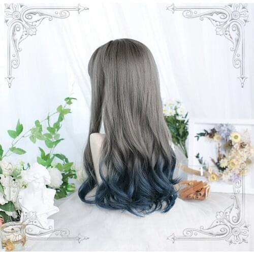 Dyed Gradient Linen Blue Lolita Wig Harajuku Fairy Dark Princess Cosplay Bangs Curly Long Synthetic Hair Adult Girls Daily Wear