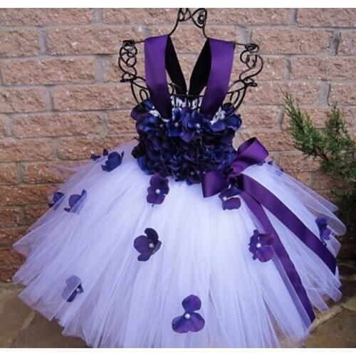 Girls Purple Flower Petals Tutu Dress Kids Tulle Straps Dress Ball Gown with Ribbon Bow Children Wedding Party Costume Dresses
