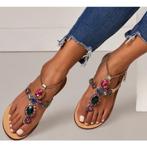 35-47plus Size Color Diamond Flip-flop Sandals Casual Beach Sandals Flat Comfortable Chain Round Toe Peep Toe Womens Shoes