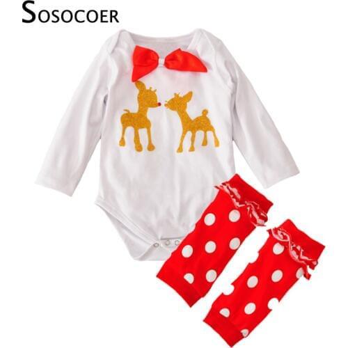 SOSOCOER Newborn Baby Girl Clothing Set Cartoon Animal Deer Romper+Polka Dot Leg Warmers 2pcs Princess Girls Clothes Sets Xmas