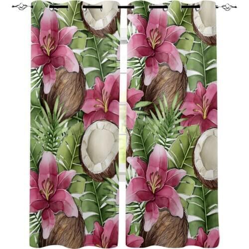 Tropical Coconut Palm Leaf Window Curtains Living Room Kitchen Curtains for Bedroom Left and Right Biparting Open Curtains