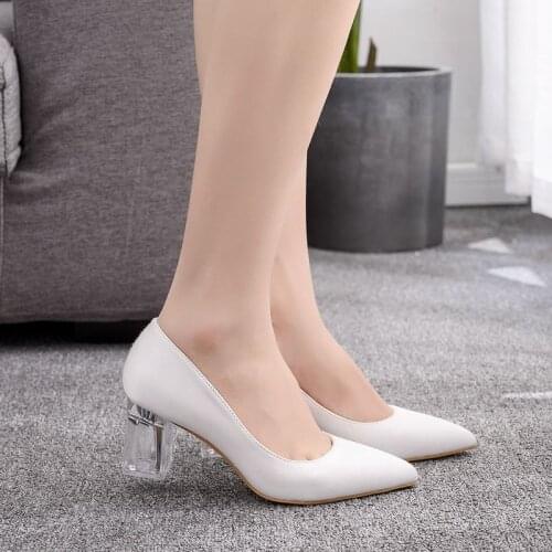 Women pumps wedding Party banquet PU Rhinestones Slip On 6.5CM Thick High Heels Pointed Toe high heels women shoes size 35-42