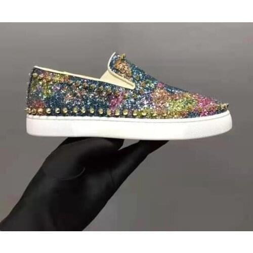 Fashion Shoes Men And Women Genuine Leather Loafers Lazy Men Slip-on Board Shoes Glitter Rivet Hip Hop Streetwear Anti-slip Shoe