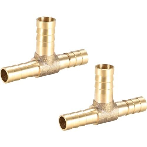 Uxcell 2pcs 8x10x8mm Brass Hose Reducer Barb Fitting Tee T-Shaped 3 Way Barbed Connector Air Water Fuel Oil etc.Gold Tone