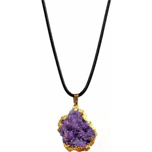 Vintage Purple Druzy Quartz Necklace Natural Stone Irregular Geode Gold-edge Raw Agat Pendant