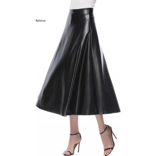Women Pu Leather Skirt Celmia Fashion Long Skirts Solid Color Office Lady Midi Skirts Elegant High Waist Party Skirt Bottoms