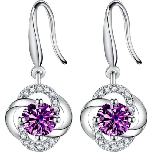 S925 Sterling Silver New Womens Fashion Jewelry Purple Crystal Zircon Flower Four-leaf Clover Long Tassel Earrings