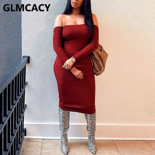 Women Long Sleeve Slash Neck Casual Solid Dress Slim Bodycon Midi Dress