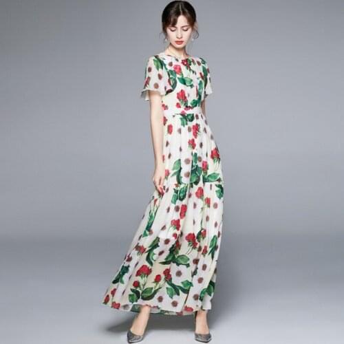 Woman Chiffon Long Dress Rose Floral Overlay Print Female 2021 Summer Vintage Flare Sleeve Slim Pleated Floor-Length Dresses