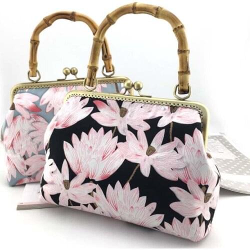 24*16*6cm Handmade Lotus Combed Fabric Craft Mouth Gold Frame Material Kit Clutch Bag Bamboo Handle Handbags Messenger Bags