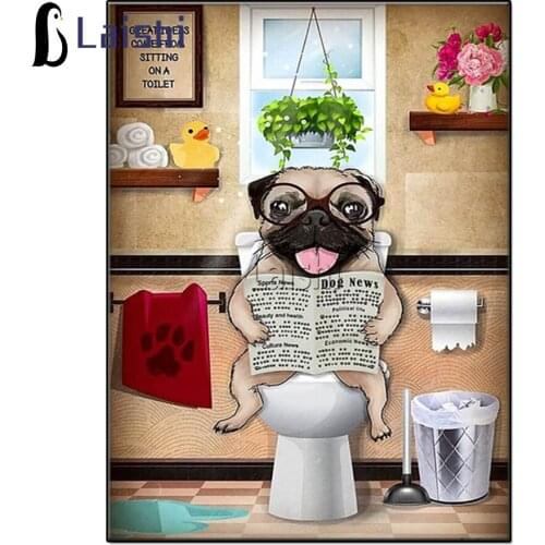 Full circle diamond 5D DIY diamond painting shar pei dog sitting on the toilet decorated with diamond embroidery mosaic cross