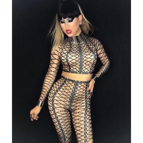Glisten Crystals Sexy Rompers Costume Womens Outfit Black stones gird bandage Bodysuit Celebrate Wear