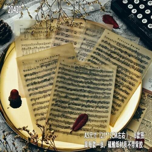 6 Sheets Vintage Music Sulfuric Acid Paper Material Diy Ablum Diary Scrapbooking Label Stickers Card Making Junk Journal A5