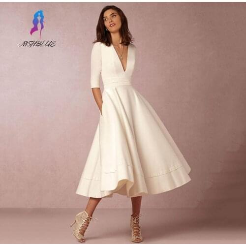 Elegant Satin Half Sleeves Evening Dress Deep V Neck Tea Length Formal Gowns Evening Dresses