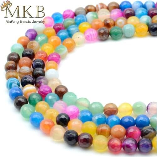 Faceted Multicolor Stripe Agates Natural Stone Beads For Jewerly Making 4 6 8 10mm Loose Beads Diy Bracelet Necklace Accessories
