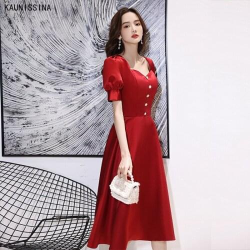 KAUNISSINA Simple Cocktail Dresses Women Party Wear Prom Dress V-Neck Short Sleeve Knee Length A-Line Vestidos Homecoming Gown