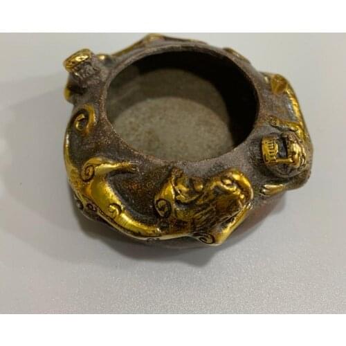 Collection Chinese Antique Rare Collectible copper Bass Carving Gilt pen Brush wash gecko Statue Ornament Home Decoration Gift