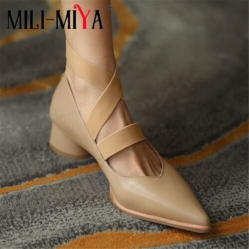 MILI-MIYA Sexy Pointed Toe Women Cow Leather Low Round Heels Pumps Elastic Band Solid Color Dress Party Fashion Street Shoes