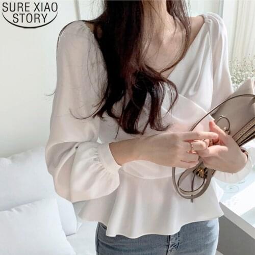New Blouse Spring Long Sleeve Korean Fashion Cross V-neck Office Ladies Tops Ruffles Women Shirts Chic Blouses Gentle 14783