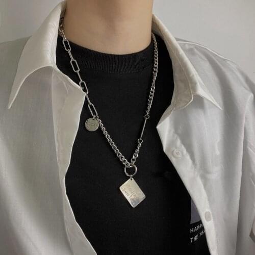 VSnow High Street Stainless Steel Asymmetry Letter Square Card Circle Pendant Necklace for Women Chunky Chain Necklace Jewelry