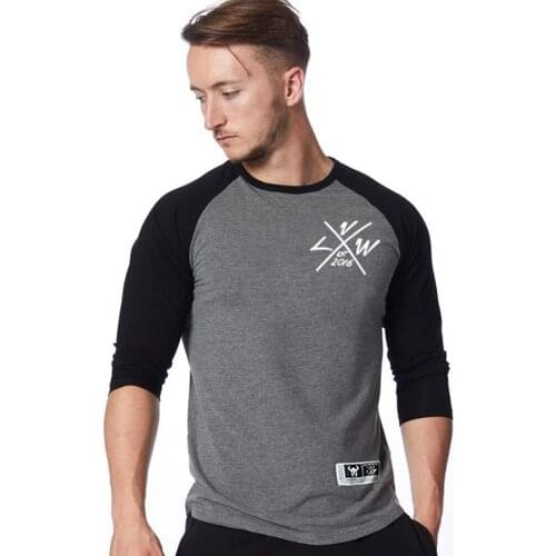 Casual Cotton t shirt Mens Gym Fitness Long sleeves T-shirt Male Running Sport Workout Tees Tops Fashion Patchwork Print Shirt