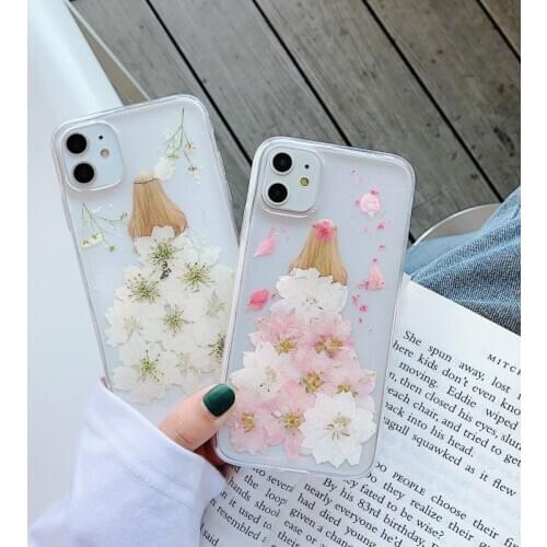 Luxury Fashion Real Dry Flowers Glitter Transparent Phone Case For Iphone 12 11 Pro XS MAX X XR SE 2020 6S 7 8 Soft TPU Cover