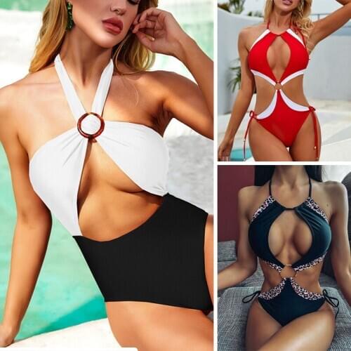 Sexy Cut Out One Piece Bathing Suit Monokini Splicing Halter Push Up Bandage Swimsuit Women Ring Swimwear Bodysuit Beach Wear