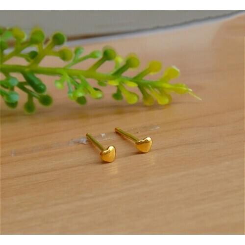 999 Real 24K Yellow Gold Earrings Women Luck Heart Stud Earrings 0.3g 2mmW Very Small Women Earrings