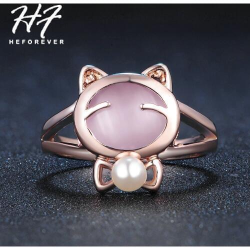 Cute Cat Ring for Women Cats Eye Stone Imitation Pearl Rose Gold Color Austrian Crystals Xmas gift for Girl R330 R143
