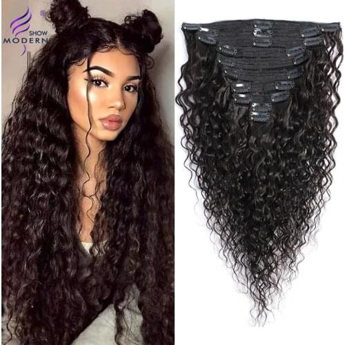 Modern Show Hair Water Wave Clip In Human Hair Extensions Remy Straight Peruvian Hair 8Pc/Set 120G Clip in Hair Natural Black