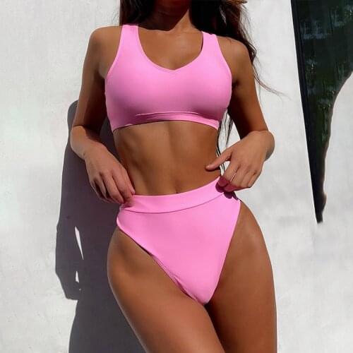 Sport bandeau push up bikini set Pink backless swimsuit womens swimming suit High waist swimwear 2021 Sexy bathing suit Biquini