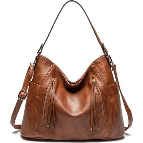 Shoulder Bag Women PU Brown Large Capacity Zipper Handbag With Tassel