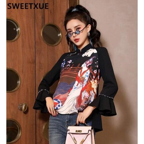 SWEETXUE 2021 New National Tide Printed Chinese Style Women Girls Cheongsam Top Printed Trumpet Sleeves