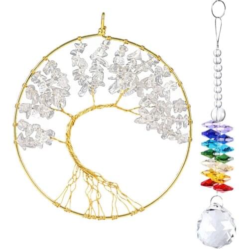 Handmade Wire Wrapped Tree of Life Healing Rock Quartz Hang Decorations, Clear Crystal Hanging Balll Rainbow Beads for Fengshui