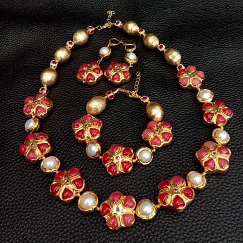 Y·YING Romantic Fashion Jewelry Red Agate Flower Cultured White Pearl Gold plated Necklace Bracelet Earrings Sets
