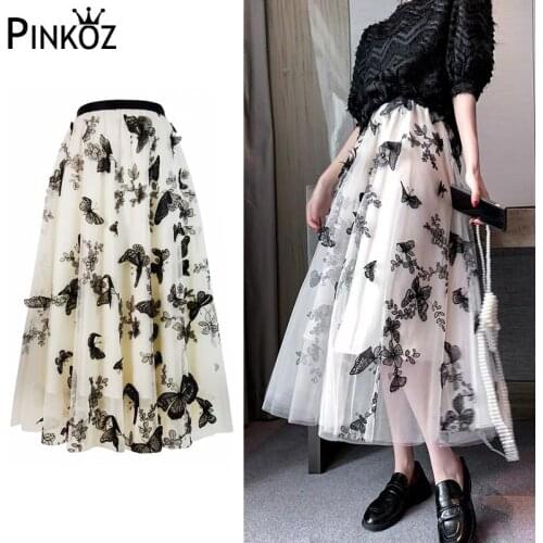 Pinkoz runway ashion mesh skirt lining spring summer high waist floral butterfly appliques A-line maxi skirts women chic boho